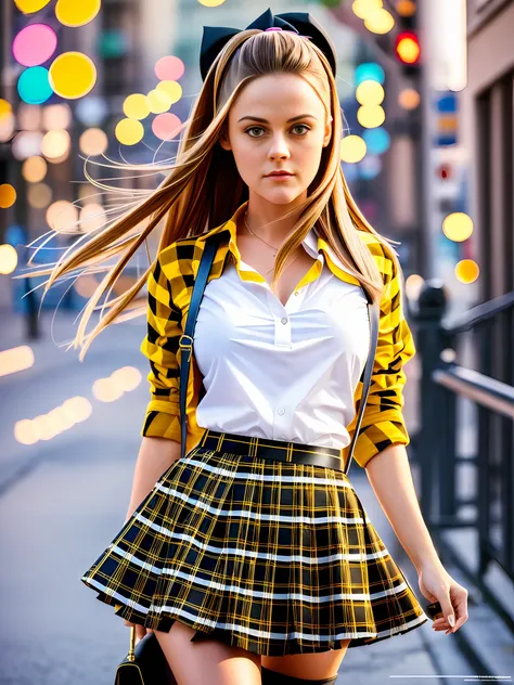 a medium body photo, alicia silverstone as cher horowitz, clueless, yellow and black plaid outfit, round skirt, high-school, sty...