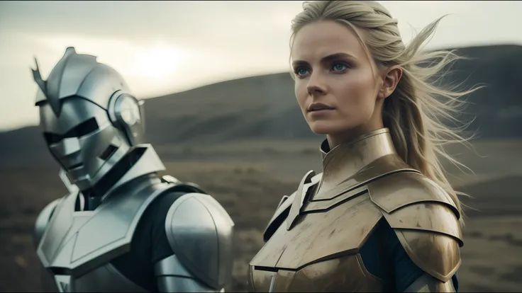 there is a woman in armor next to a robot, inspired by nína tryggvadóttir, vfx photo, beauty campaign, brown armor, elven blonde...