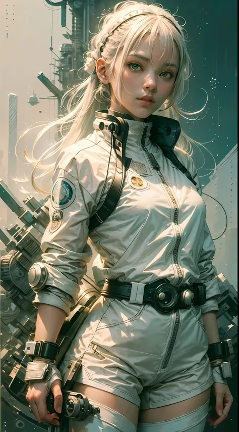 1monk warrior girl with white techwear clothes, white long hair, laces, abstract vintage scifi background, art by moebius, art b...