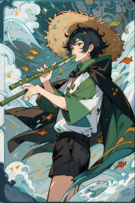 Black-haired male pupil, boy, short-sleeved shorts, wearing a long cape, a straw hat with two streamers and countless wind chimes, blowing a green flute on the back of a huge fish made of water, leading more fish behind him