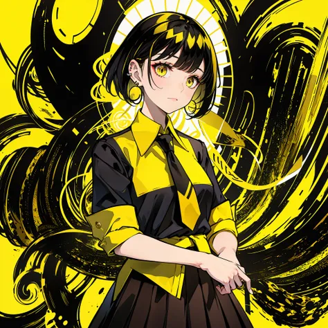 girl in school uniform with black and yellow hair standing in front of yellow background, 1girl, solo, yellow background, short ...