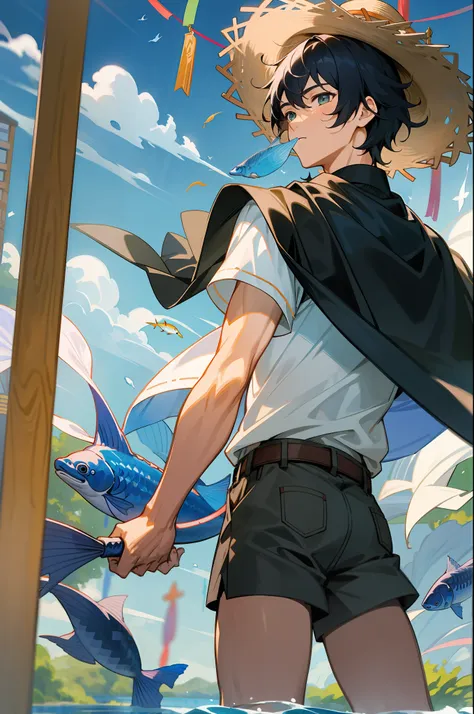 black-haired male pupil, boy, short-sleeved shorts, wearing a long cape, a straw hat with two streamers and countless wind chime...