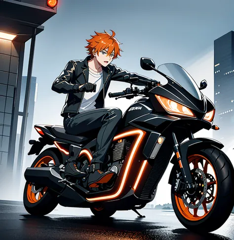 1boy, orange hair, black leather jacket, rain, land vehicle, helmet, mecha, motor vehicle, motorcycle, on motorcycle, vehicle fo...