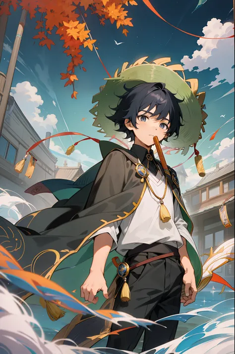 The black-haired male pupil, a little boy, short-sleeved shorts, wearing a long cape, a straw hat with two streamers and countless wind chimes, and a green flute sits on the back of a huge whale made of water, leading more fish behind him