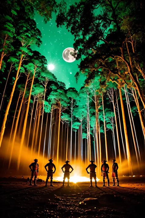 indigenous warriors are positioned in a circle amidst the amazon rainforest illuminated by the full moon their keen eyes probe t...