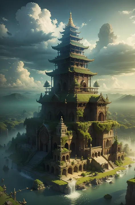 temple, field, flying island, masterpiece, unreal fantasy