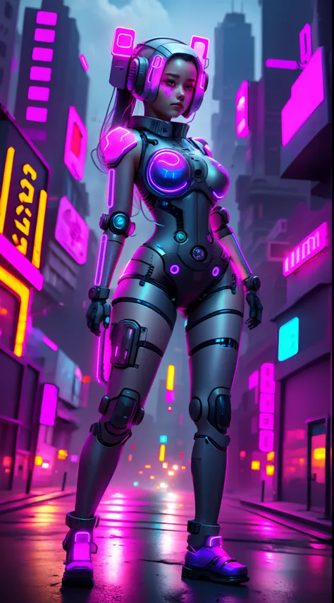 1 robo girl 18 years,big breasts,full body,perfect,8k surrealism, angle selfie bring,in an apocalyptic city the night neon,no distortion,no freak
