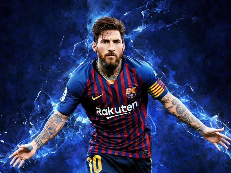 arafed image of a man with beard and a tattoo on his arm, messi, lionel messi, lionel messi portrait, the best ever, 4k wallpape...