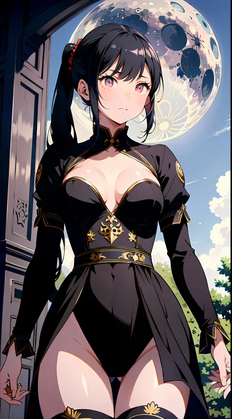 absurd res, high res, (masterpiece:1.4), ultra-detailed, 1girl, from bottom, from below, moon, Chinese dress, black dress, stockings, platinum hair, cooper eyes, extremely detailed eyes, sharp eyes, lustful eyes, lust expression,ahg, from bottom, arched ba...