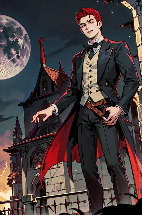 this is what a real vampire looks like! antique vampire clothes, elegant, gentlemanly. he is smiling friendly, his red hair is v...