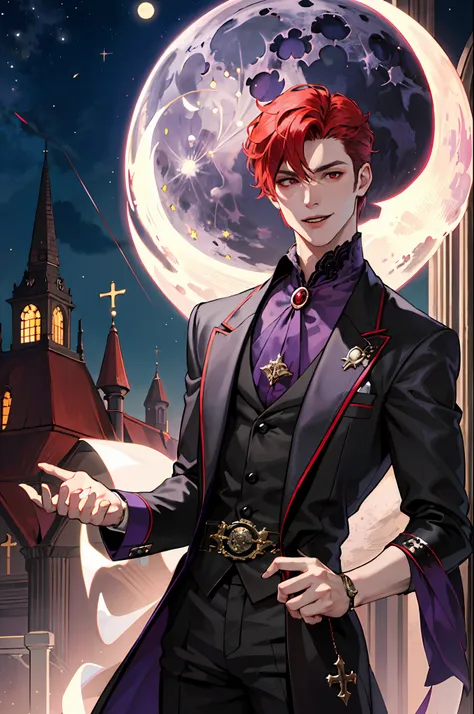 this is what a real vampire looks like! antique vampire clothes, elegant, gentlemanly. he is smiling friendly, his red hair is v...