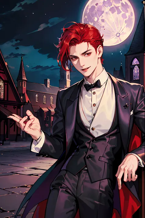 This is what a real Vampire looks like! Antique vampire clothes, elegant, gentlemanly. He is smiling friendly, his red hair is vivid, his red eyes shine against his perfect skin. In the background a purple church window, with moonlight reflecting behind. A...