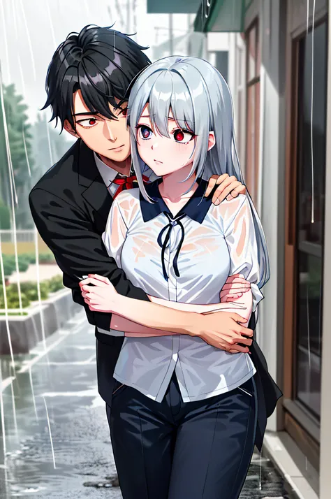 (masterpiece), (best quality), highres, ((((1girl she has gray hair with blue eyes and 1boy he has short black hair with red eye...