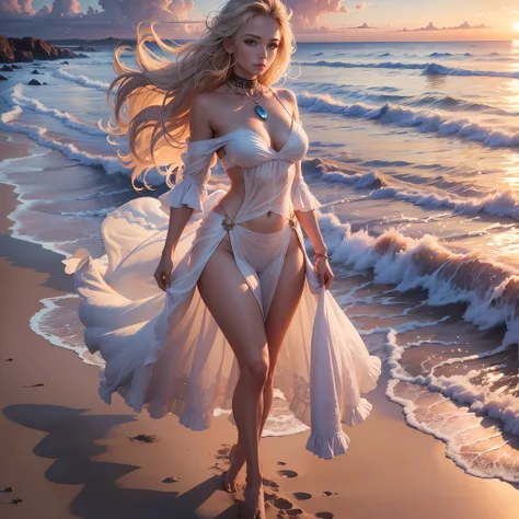 A beautiful woman walking on the beach, sunset, light in her hair (8k, masterpiece, best quality)