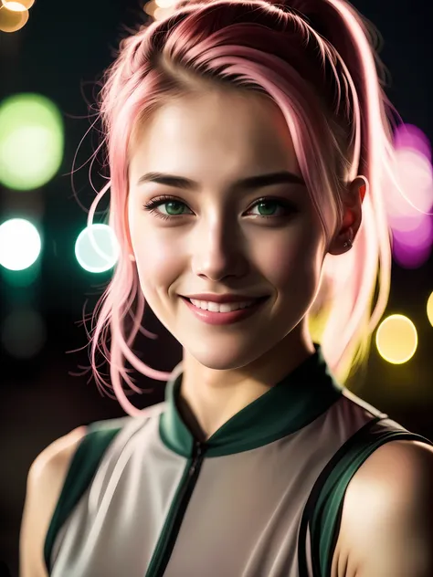 night scene, close-up photo of a very beautiful girl, posing, looking at a camera and smiling, pink ponytail hair, (green eyes: ...