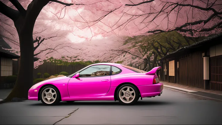 side photo of pink mk4supra under cherry blossom trees in kyoto at sunset with cobblestone street covered in cherry blossom peta...