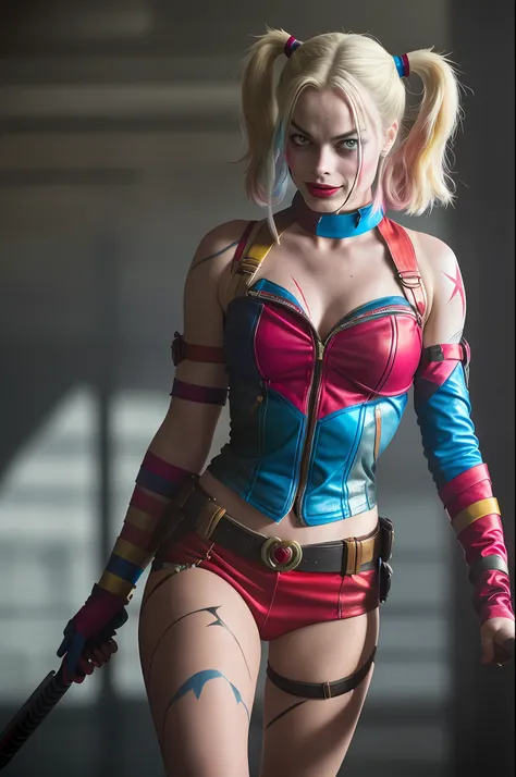 margot robbie as harley quinn in suicide squad, full body, soft lighting, dynamic angle, realistic lighting, photo by robert ada...