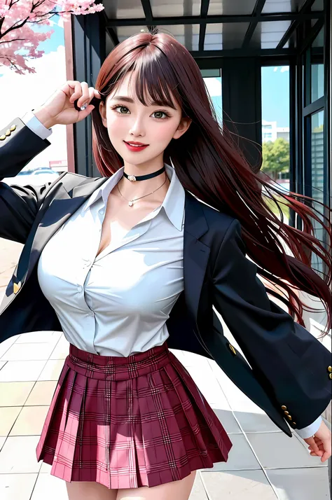 masterpiece, best quality, full body, 1girl, bangs, black choker, black necktie, black hair, blue skirt, blush, bracelet, breast...