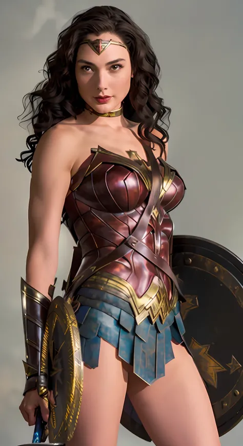 a woman in a costume with a sword and shield, gal gadot as hell lord, gal gadot as wonder woman, smile, gal gadot, wonder woman, film still of gal gadot, gal gadot, dwayne johnson as wonder woman, face like gal gadot, sexy painting of gal gadot, margot rob...