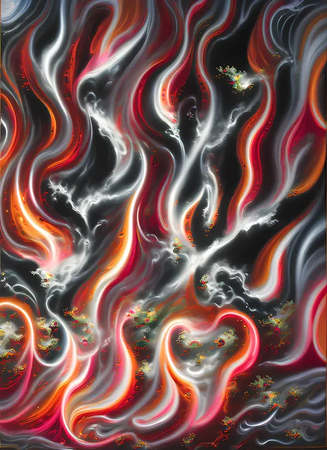 painting of a fire with ethereal flames, smoke, abstract painting of burning woods, frantic oil painting, swirling flames, paint...