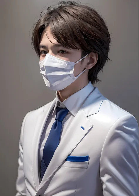 1 boy, head, white suit, non-woven mask.