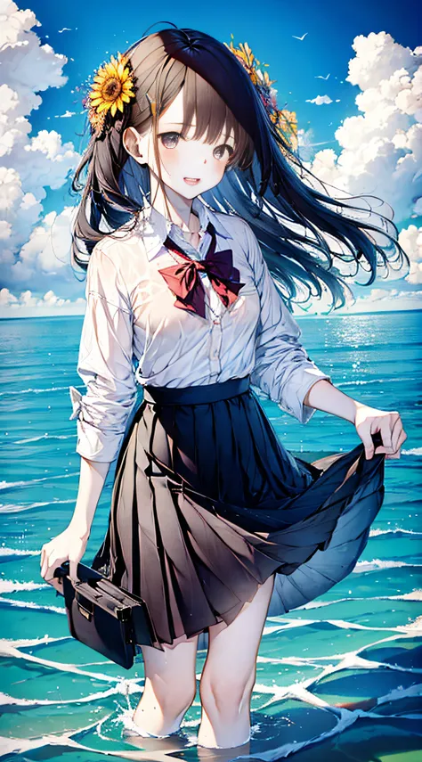 1girl, :d, air_bubble, arm_up, bangs, bare_legs, barefoot, beach, blue_skirt, blue_sky, blush, boat, bow, bowtie, breast_pocket, breasts, brown_eyes, brown_hair, bubble, caustics, cloud, cloudy_sky, collarbone, collared_shirt, day, dress_shirt, earth_(plan...