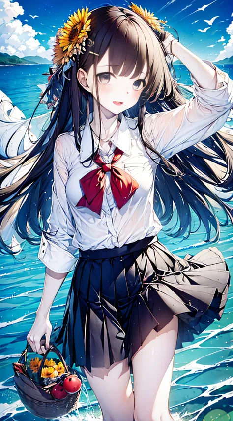 1girl, :d, air_bubble, arm_up, bangs, bare_legs, barefoot, beach, blue_skirt, blue_sky, blush, boat, bow, bowtie, breast_pocket, breasts, brown_eyes, brown_hair, bubble, caustics, cloud, cloudy_sky, collarbone, collared_shirt, day, dress_shirt, earth_(plan...