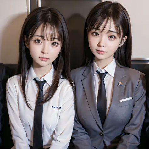 arafed asian woman in a suit and tie sitting on a train, brown hair, japanese girl school uniform, japanese school uniform, wear...