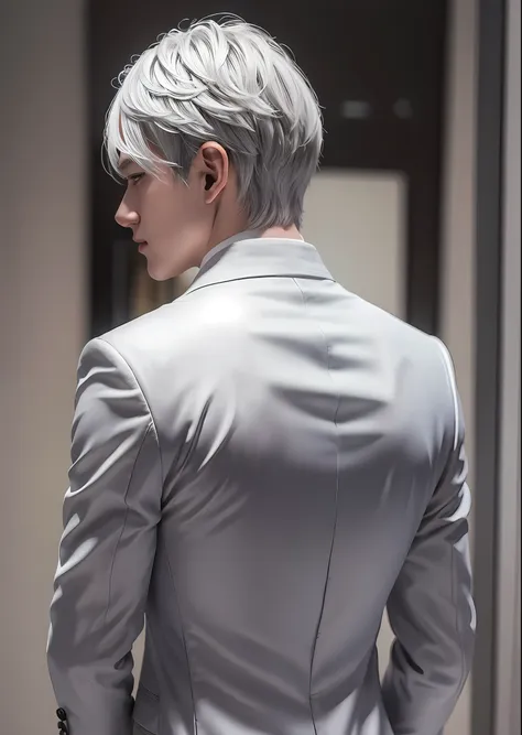 1 boy, silver-haired, white suit, 20s. back. rear view.