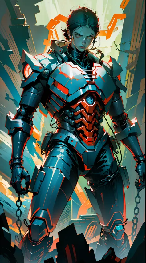 Dark_Fantasy,Cyberpunk,(chain saw,chain saw man,Red:1.1),1man,Mechanical marvel,Robotic presence,Cybernetic guardian, wearing a worn-out mech suit, intricate, (steel metal [rusty]), elegant, clear focus, shot by greg rutkowski, soft lighting, vibrant color...