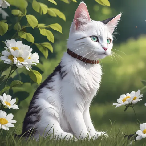 1cat, maine, white cat, in a meadow, sit, during the day, sitting on the prairie, best quality, masterpiece, illustration, an ex...