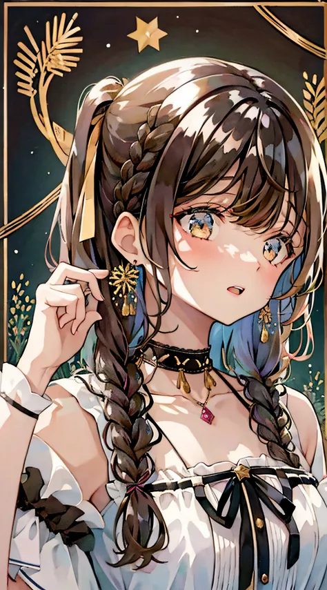 1girl, bangs, black_border, black_choker, black_ribbon, blush, border, braid, breasts, brown_eyes, brown_hair, choker, collarbon...