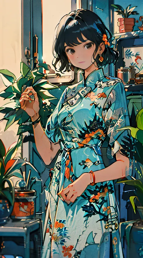 1girl, plant, solo, jewelry, earrings, potted plant, black hair, dress, looking at viewer, short sleeves, bangs, blush, brown ey...