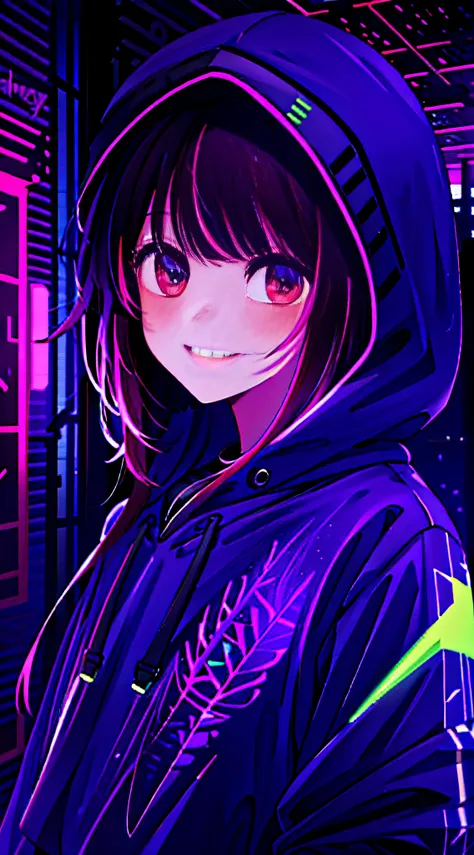 detailed background, masterpiece, best quality, smile, ornament, hoodie, portrait, neon, graffiti, dark, night, glowing eyes, bl...