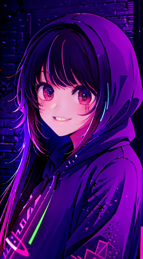 detailed background, masterpiece, best quality, smile, ornament, hoodie, portrait, neon, graffiti, dark, night, glowing eyes, bl...