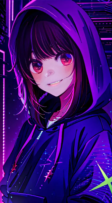 detailed background, masterpiece, best quality, smile, ornament, hoodie, portrait, neon, graffiti, dark, night, glowing eyes, bl...