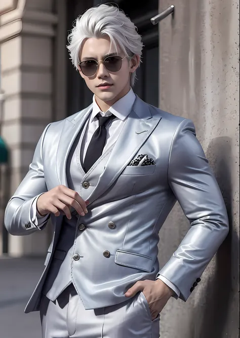 1 boy, silver-haired, white suit, 20s. sunglasses.