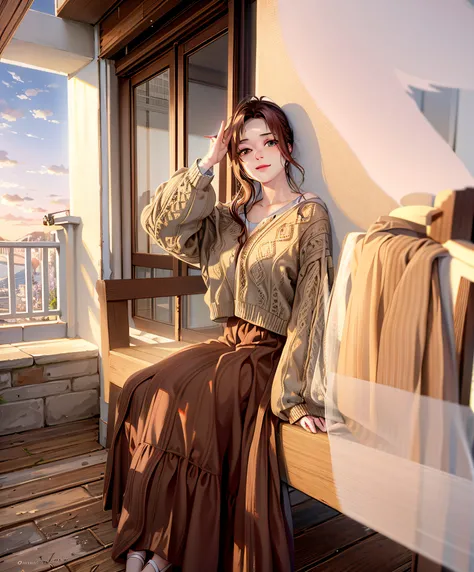 arafed woman sitting on a bench on a balcony with a view, dressed with long fluent clothes, bae suzy, casual clothing style, very attractive and beautiful, wearing a long flowy fabric, cute elegant pose, brown sweater, wearing an elegant outfit, brown and ...
