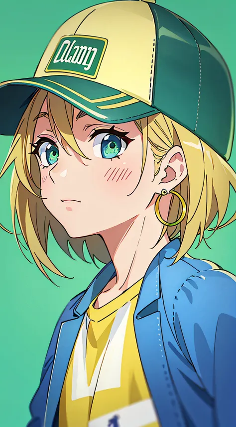 lucky star, masterpiece, best quality, 1girl, aqua eyes, baseball cap, blonde hair, closed mouth, earrings, green background, ha...