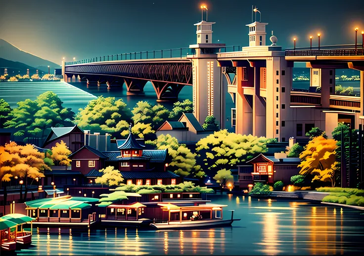 Night view, lights, reflections in the water, Luo lanterns on the bridge, boats, trees, pavilions, real photos, photography