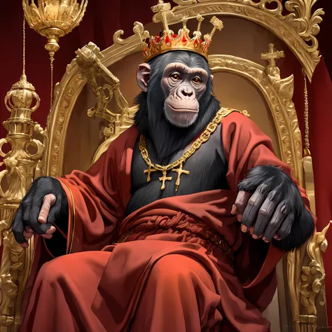 chimpanzee sitting on the throne,with a crown on his head,wearing a red robe,with his leg cross,common mischievous smile,8knreal...