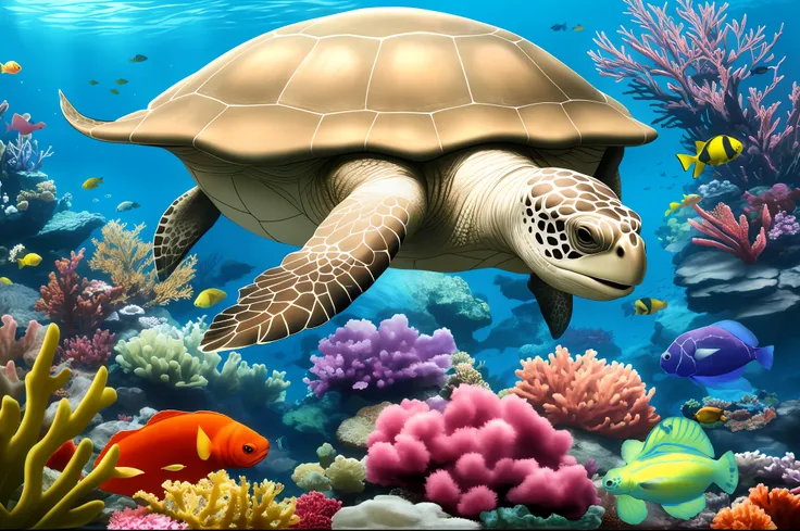 [animal planet national geographic sea turtle illuminated underwater caustic octanage, fish nemos,stingrays,many colorful fish p...