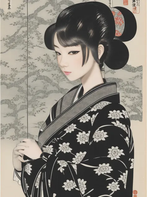 black and white woodblock prints of the edo period. the eyes are too big and too realistic. please also include the atmosphere o...