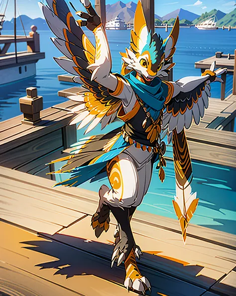 (highly detailed illustration:1.2), best quality, masterpiece, solo, full body, avali, avian, feathers, detailed feathers, detailed face, detailed eyes, yellow eyes, orange primary feathers, grey secondary feathers, arm wings, avali tail, fluffy chest, fea...