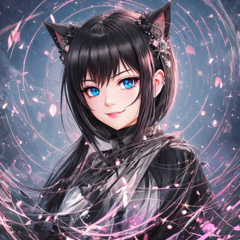 black hair, hair bobbles, wince, longeyelashes, solid circle eyes, fake animal ears, light smile, ear blush, fang, surrealism, d...