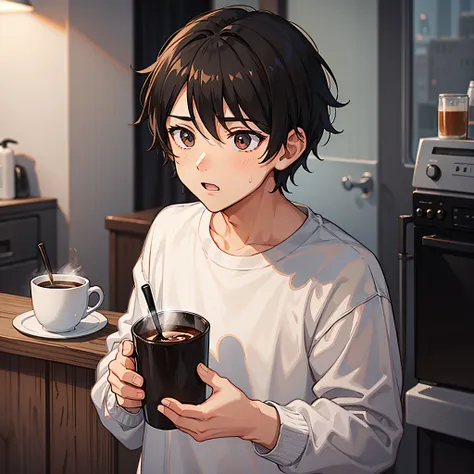 a boy with short, wavy, dark hair, wearing a white sweatshirt and black sweatpants, dark brown eyes, drinking coffee.