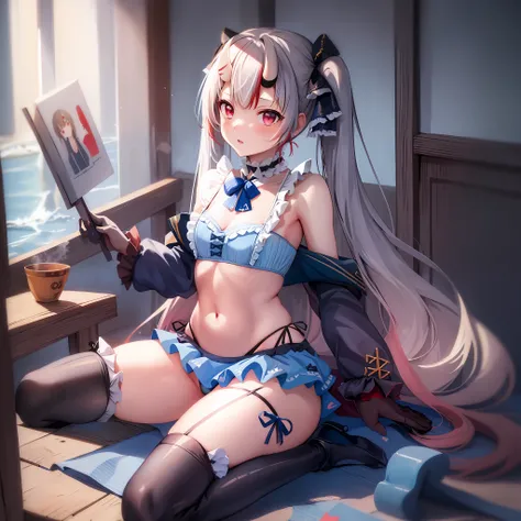 ((Masterpiece)), (Best Quality), Solo, Nakiri Ayame, long hair, twintails, AyameBikini, blue bikini, frilled bikini, bikini skirt, hair bow, black bow, frilled choker, (NSFW:1.3), Full Body