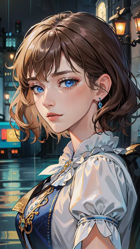 kk, best quality, more details, masterpiece, 1 girl, portrait, female focus, blue eyes like diamonds, solo, bangs, look at the viewer, frilly shirt, short hair, rain, fantasy city, palace, (city), highlights, nail polish, brown hair, wavy, luxurious, 8k, d...