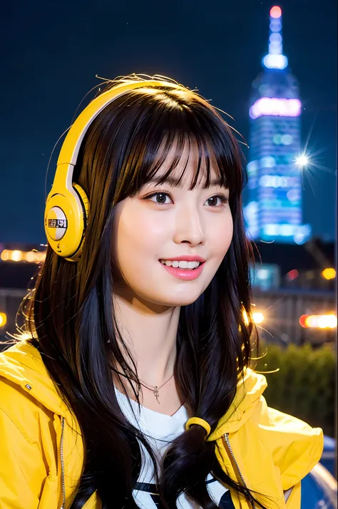 (realistic:1.2), 18yo girl, headphones outfit, yellow jacket, view from below, (city:1.4), (starry sky:1.1) , (neon lights, spar...