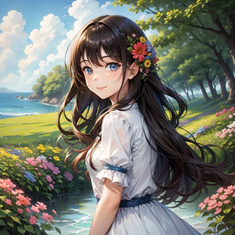 the brunette girl, standing in a sea of flowers, her hair fluttering with a breeze, looked back and smiled